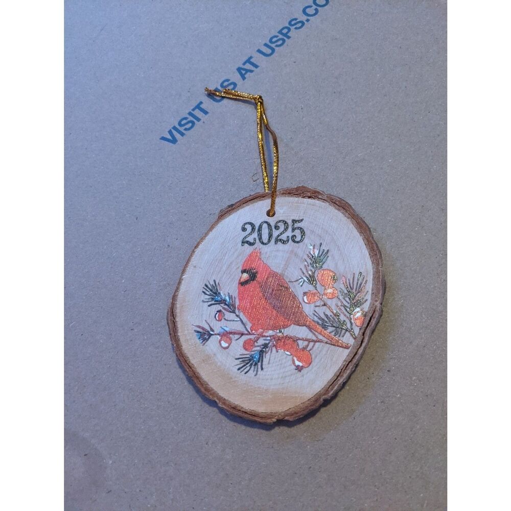 Dated 2025 Cardinal Wood Slice Ornament Rustic Holiday Decor